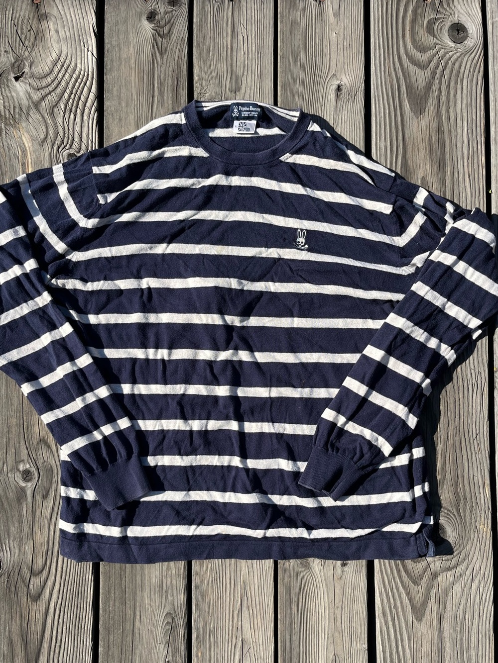 Psycho Bunny Navy Striped Knit Sweater XL Embroidered Bunny Logo Soft Terry